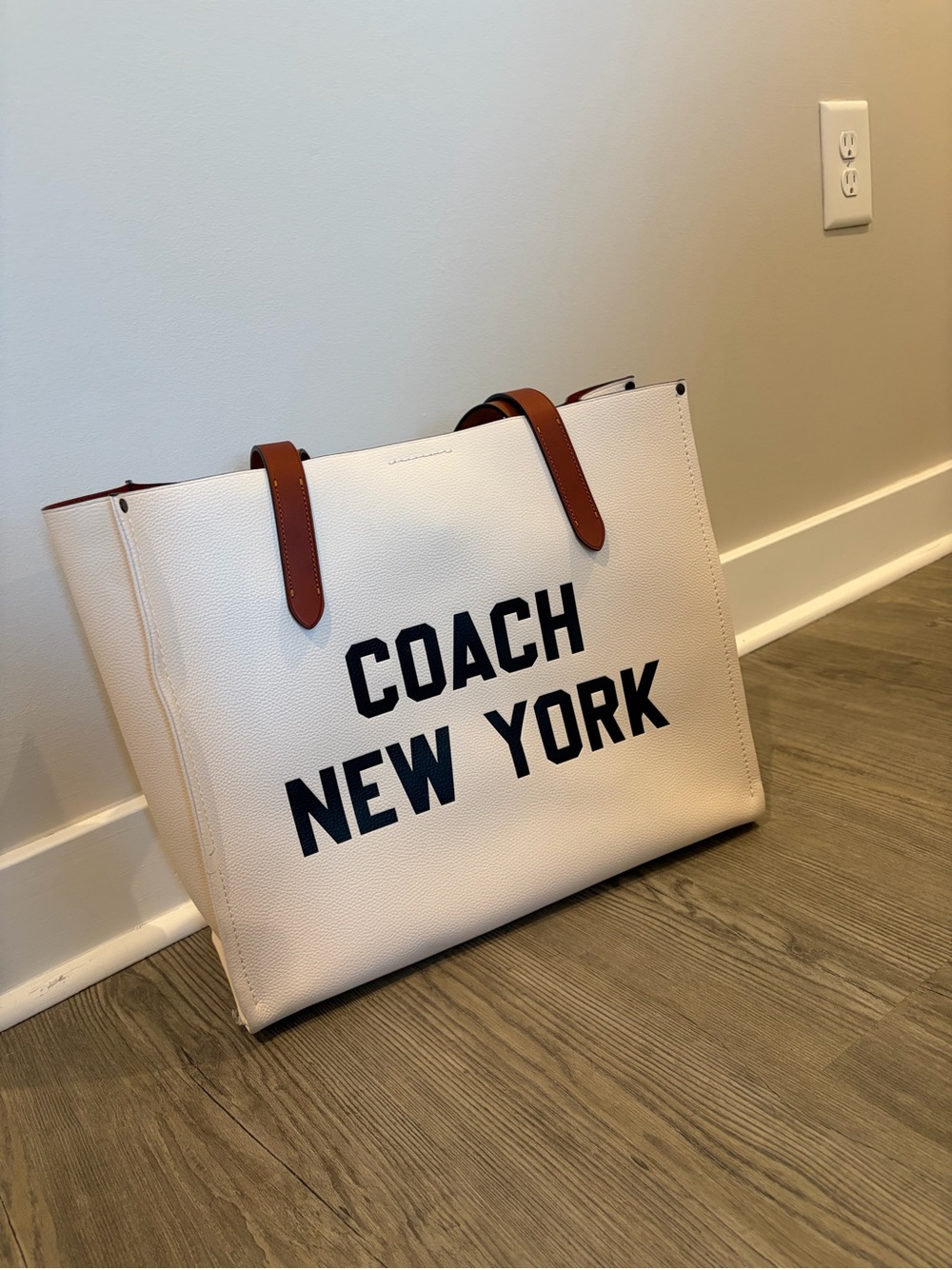 Coach Relay New York Cream Tote with Brown Straps and Black Logo